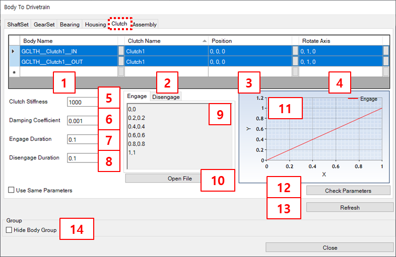 Clutch tab parameters for Body To DT