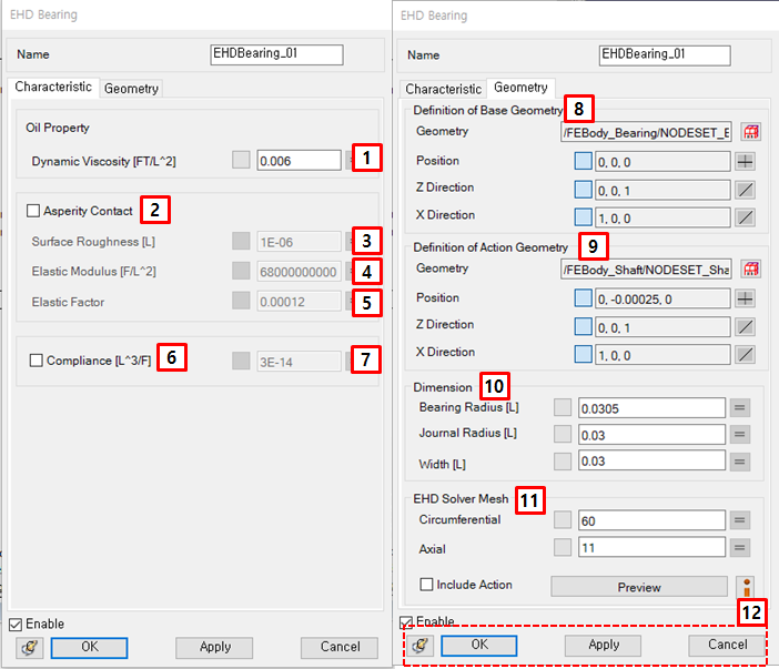 EHD Bearing property dialog