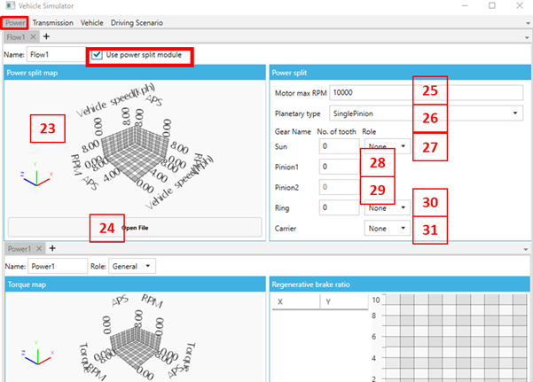 Vehicle Simulator Power tab when selecting Use power split module