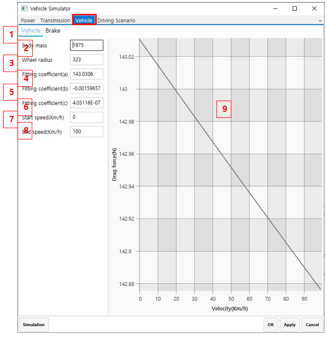 Vehicle Simulator Vehicle tab
