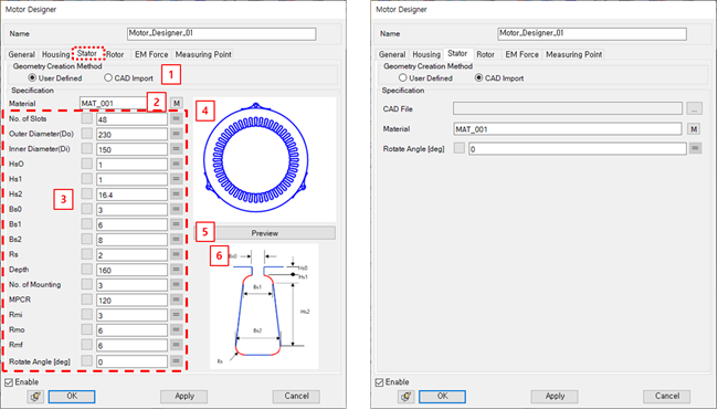Parameters in the Motor Designer Stator tab