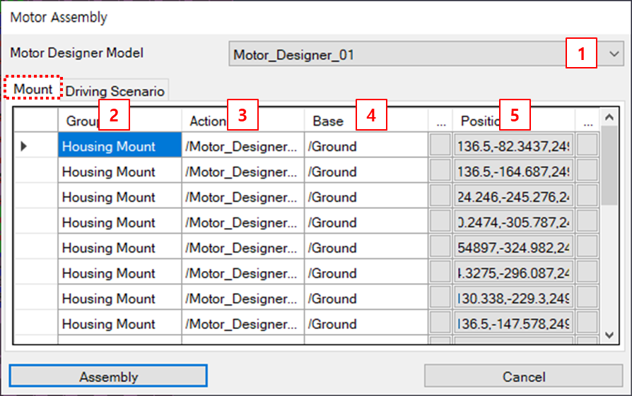 Parameters in the Motor Assembly Mount tab