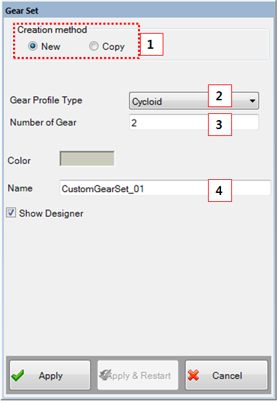 Custom gear set creation dialog