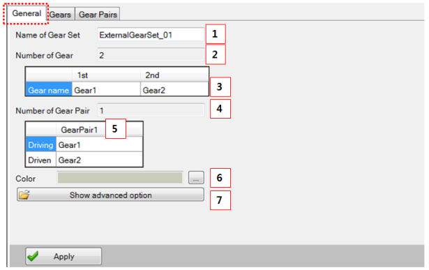 Gear set designer General tab