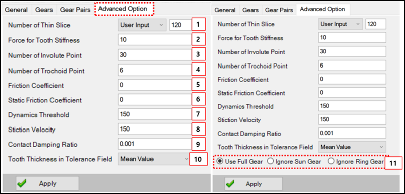 Advanced Option tabs for External and Internal gear set (left) and Single Pinion Planetary gear set (right)