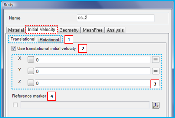 Initial Velocity tab in the of Solid Body properties dialog