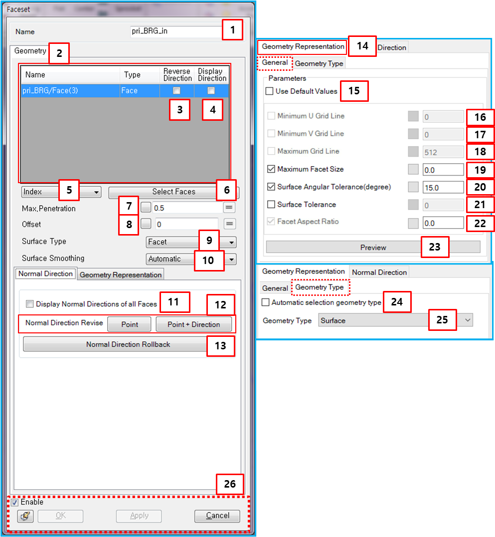 Faceset properties dialog