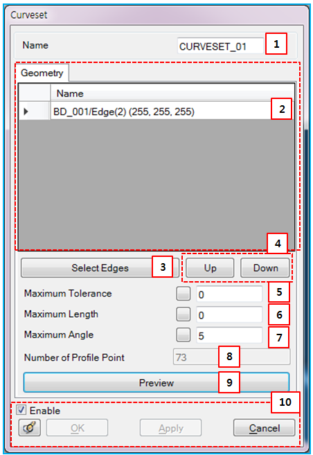 Curveset Properties dialog