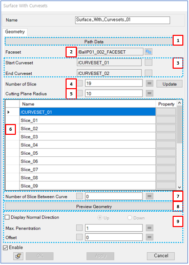 Surface With Curvesets properties dialog