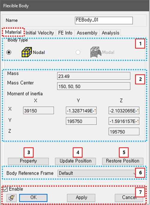 Material tab in the FE body properties dialog