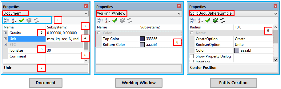 Features of the properties window