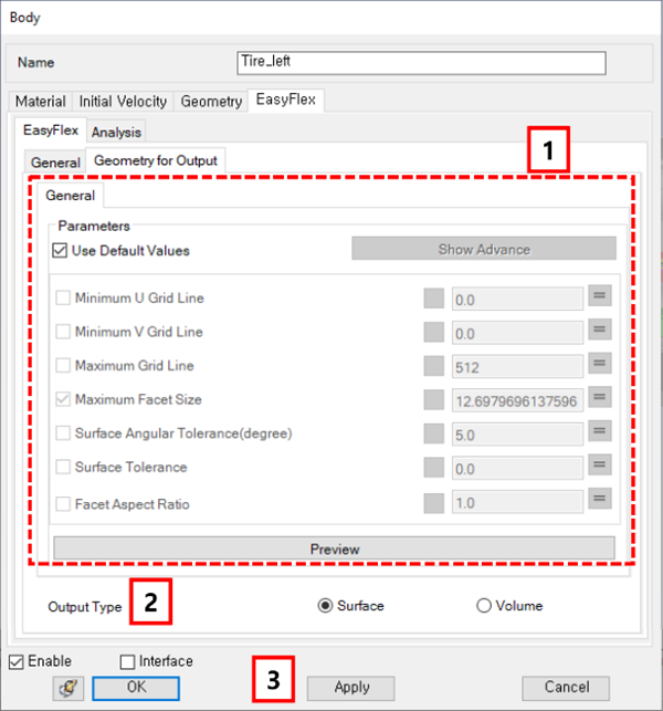 Geometry for Output dialog for an EasyFlex body