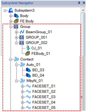 Location of group entities in the subsystem navigator