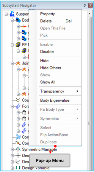 Subsystem Navigator drop-down menu