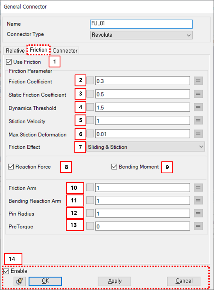 Friction tab in the Revolute Joint property dialog