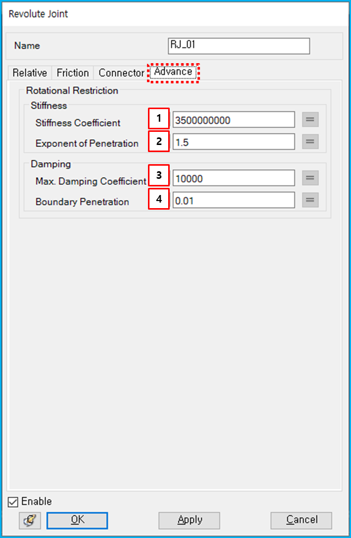 Advance tab in the Revolute Joint property dialog