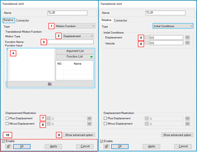 Relative tab in the Translational Joint property dialog