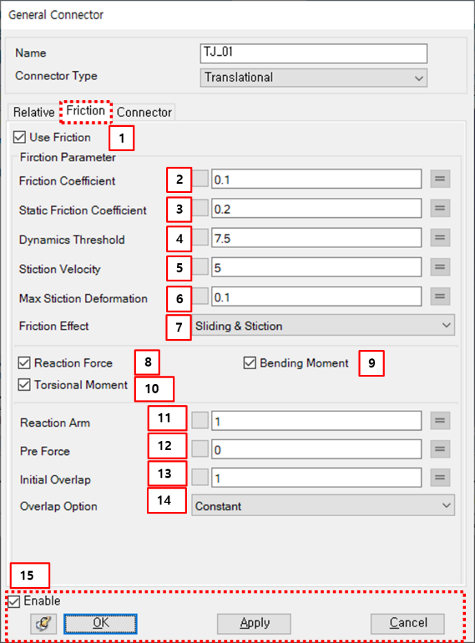 Friction tab in the Translational Joint property dialog