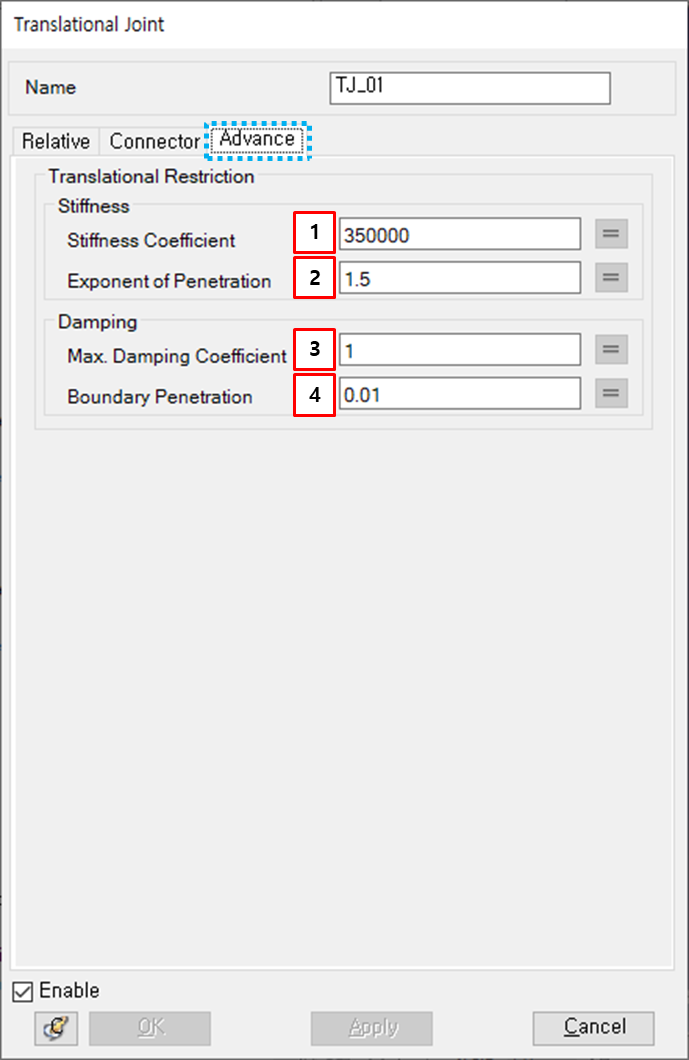 Advance tab in the Translational Joint property dialog