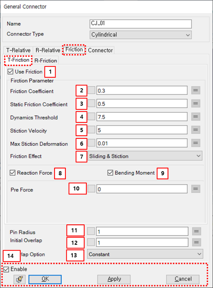 T-Friction tab in the Cylindrical Joint property dialog