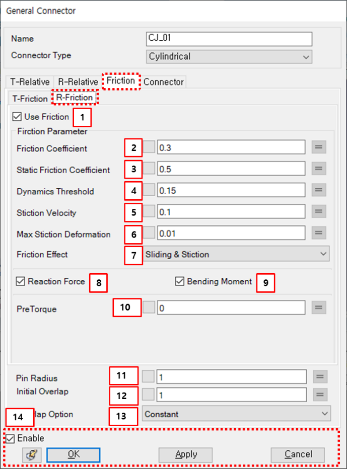 R-Friction tab in the Cylindrical Joint property dialog