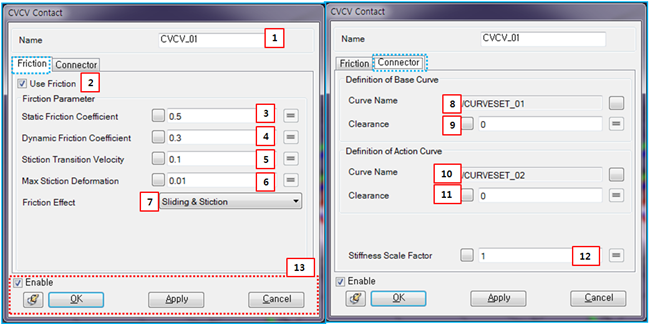 Friction and Connector tabs in the CVCV property dialog