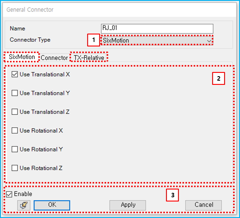 Property dialog for SixMotion