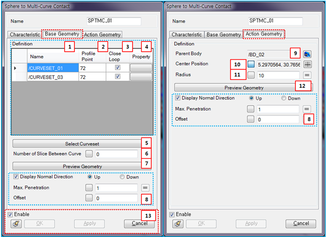 Geometry tabs in the Sphere to Multi-Curve Contact property dialog