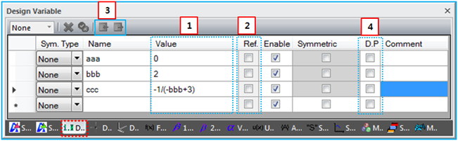 Design Variable sub-entity window