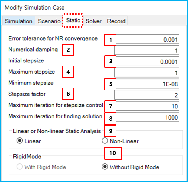 Static parameters in the simulation configuration