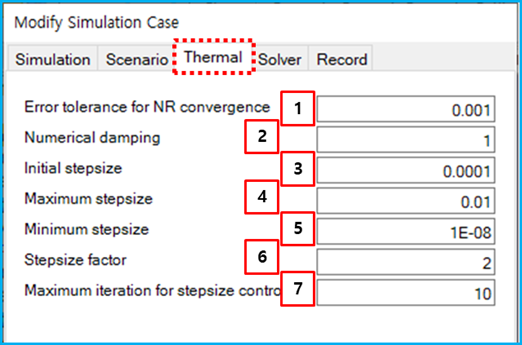 Thermal parameters in the simulation configuration