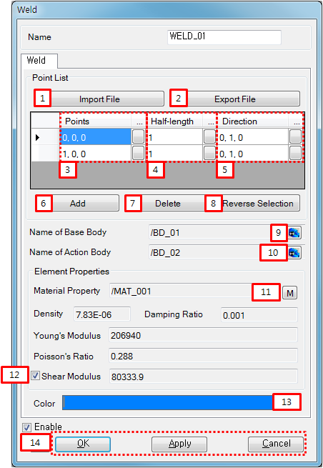 Description of parameters in the Weld property dialog