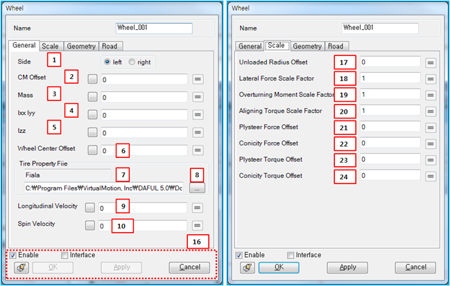 General and Scale tabs in the Wheel body property dialog