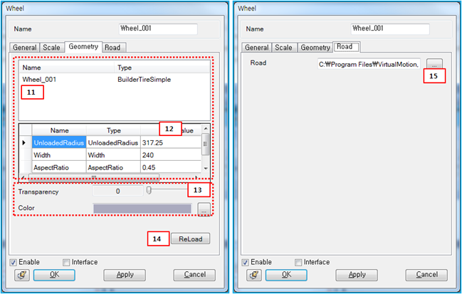 Geometry and Road tabs in the Wheel body property dialog