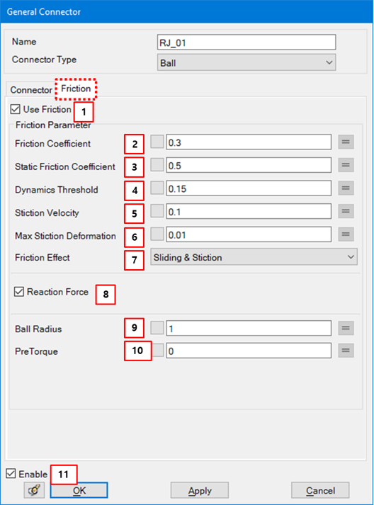 Friction tab in the Ball Joint property dialog