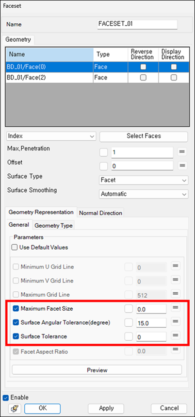 Supported faceting parameters in Faceset properties