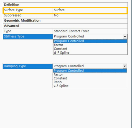 Available Contact Properties: Surface Type = Surface