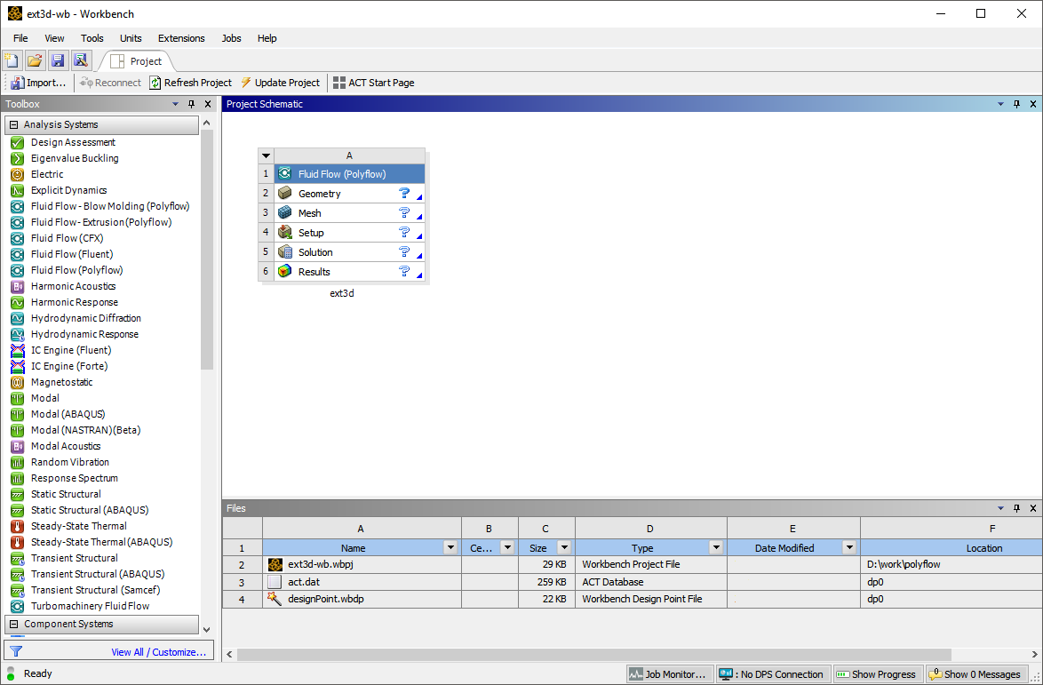 Displaying the Files View after Adding an Ansys Polyflow Classic-Based Fluid Flow Analysis System