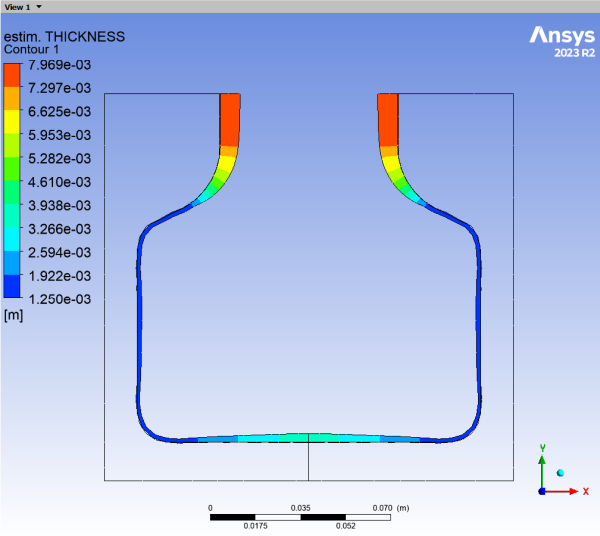 Contours of Thickness on the Full Blown Bottle at t = 0.1 s