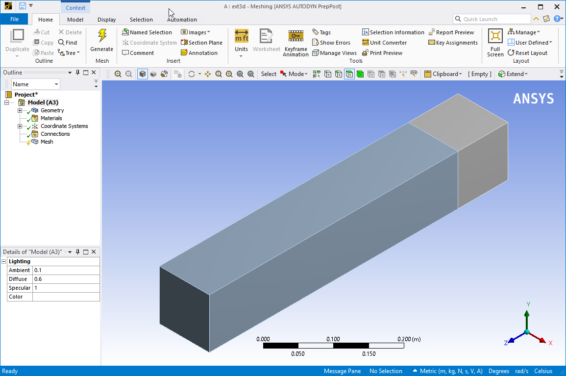 The Ansys Meshing&nbsp;Application with the Extrusion Geometry Loaded