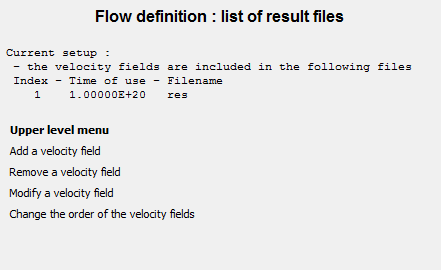 The Flow definition : list of result files Menu