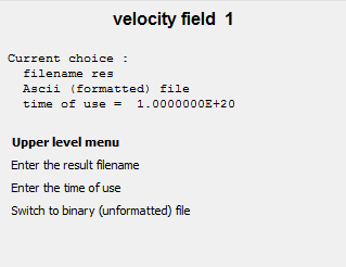 The velocity field 1 Menu