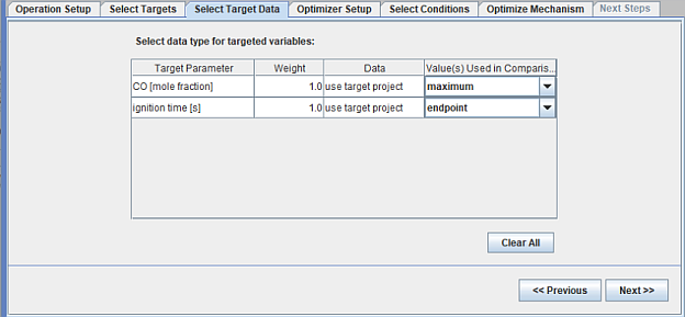 Selecting target data for global mechanism optimization using the target project specified on the Operation Setup panel