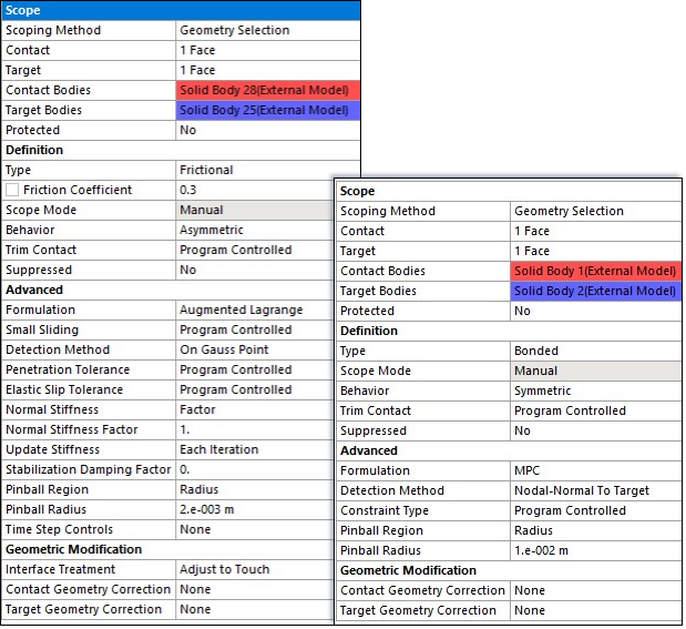 Frictional (left) and Bonded (right) Contact Pair Definition