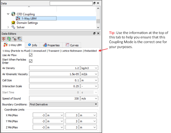 Data Editors面板中的CFD Coupling、1-Way LBM选项卡