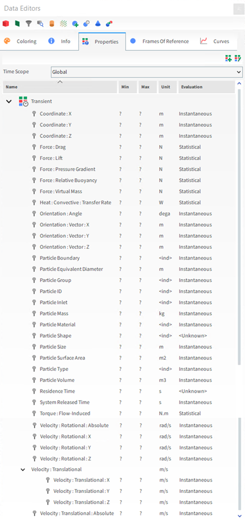 当收集CFD Coupling Particle Statistics时，Data Editors面板中的颗粒属性选项
