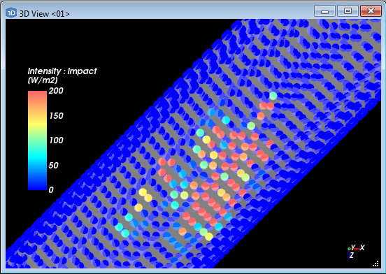 显示70%透明纯色面的自定义传送带，其面上带有的增加点大小的节点显示了Intensity : Impact