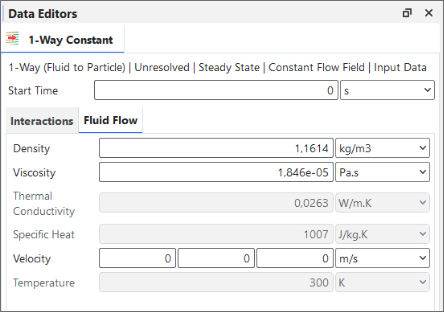 Data Editors面板中的CFD Coupling、1-Way Constant、Fluid Flow选项卡