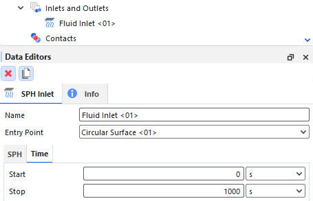 Fluid Inlet、Time子选项卡、Data Editors面板