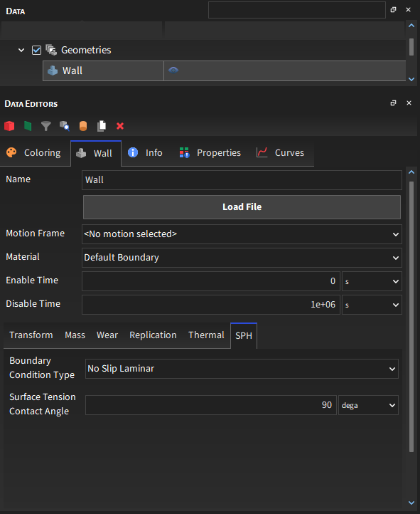 Data Editors面板中导入的壁面SPH参数